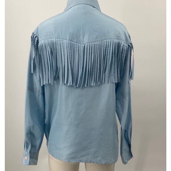 Vintage 90s Fringe Silk Button Down Shirt Blouse Western Light Blue Small Petite - Picture 5 of 7